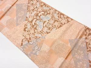 リサイクル　切り嵌め風向かい鳥に花唐草・華紋模様織出し袋帯